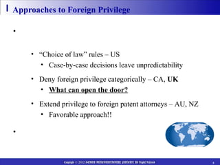 Approaches to Foreign Privilege

• Common law countries take different approaches to decide
  whether foreign patent attorneys’ privilege is recognized
     • “Choice of law” rules – US
       • Case-by-case decisions leave unpredictability
     • Deny foreign privilege categorically – CA, UK
       • What can open the door?
     • Extend privilege to foreign patent attorneys – AU, NZ
       • Favorable approach!!

• Only a single instance of privilege denied
  breaches “confidentiality through the world”

                Copyright © 2012 HEIWA INTERNATIONAL PATENT All Rights Reserved   5
 