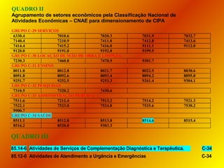 QUADRO II
Agrupamento de setores econômicos pela Classificação Nacional de
Atividades Econômicas – CNAE para dimensionamento de CIPA
GRUPO C-29 SERVIÇOS
6330.4
7010.6
7020.3
7140.4
7210.9
7411.0
7414.4
7415.2
7416.0
9120.0
9191.0
9192.8
GRUPO C-30 LOCAÇÃO DE MÃO DE OBRA E LIMPEZA
7230.3
7460.8
7470.5
GRUPO C-31 ENSINO
8011.0
8012.8
8021.7
8091.8
8092.6
8093.4
9251.7
9252.5
9253.3
GRUPO C-32 PESQUISAS
7310.5
7320.2
7430.6
GRUPO C-33 ADMINISTRAÇÃO PÚBLICA
7511.6
7212.4
7513.2
7522.1
7523.0
7524.8
9900.7
GRUPO C-34 SAÚDE
8511.1
8512.0
8513.8
8516.2
8520.0
9303.3

7031.9
7412.8
9111.1
9199.5

7032.7
7413.6
9112.0

9301.7
8022.5
8094.2
9261.4

8030.6
8095.0
9304.1

7514.2
7525.6

7521.3
7530.2

8514.6

8515.4

QUADRO III
85.14-6 Atividades de Serviços de Complementação Diagnóstica e Terapêutica.

C-34

85.12-0 Atividades de Atendimento a Urgência e Emergências

C-34

 