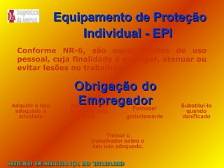 Equipamento de Proteção
Individual - EPI
Conforme NR-6, são equipamentos de uso
pessoal, cuja finalidade é proteger, atenuar ou
evitar lesões no trabalhador.

Adquirir o tipo
adequado à
atividade

Obrigação do
Empregador
Adquirir o EPI
Fornecer

aprovado pelo
MTE

gratuitamente

Treinar o
trabalhador sobre o
seu uso adequado.

SE
RVIÇO DE SE
GURANÇA DO T
RAB H
AL O

Substituí-lo
quando
danificado

 