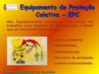 Equipamento de Proteção
Coletiva - EPC
São Equipamentos instalados nos locais de
trabalho, com objetivo de dar proteção a todos
que ali executam suas tarefas.

• Caixa coletora;
• Exaustores;
• Ventiladores;
• Barreira de proteção
contra luminosidade.
SE
RVIÇO DE SE
GURANÇA DO T
RAB H
AL O

 