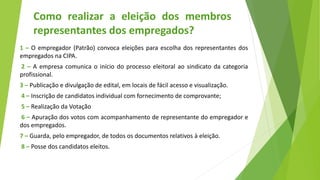 1 – O empregador (Patrão) convoca eleições para escolha dos representantes dos
empregados na CIPA.
2 – A empresa comunica o início do processo eleitoral ao sindicato da categoria
profissional.
3 – Publicação e divulgação de edital, em locais de fácil acesso e visualização.
4 – Inscrição de candidatos individual com fornecimento de comprovante;
5 – Realização da Votação
6 – Apuração dos votos com acompanhamento de representante do empregador e
dos empregados.
7 – Guarda, pelo empregador, de todos os documentos relativos à eleição.
8 – Posse dos candidatos eleitos.
Como realizar a eleição dos membros
representantes dos empregados?
 