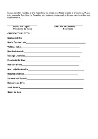 E para constar, mandou a Sra. Presidente da mesa, que fosse lavrada a presente ATA, por
mim assinada, Ana Lima de Carvalho, secretaria da mesa e pelos demais membros da mesa
e pelos eleitos.
______________________________ _____________________________
Goiaci Tia Lopes Ana Lima de Carvalho
Presidente da mesa Secretária
CANDIDATOS ELEITOS:
Nesias da Silva____________________________________________________
Maria Ferreira Leite______________________________________________________
Valtéria Nobre_____________________________________________________
Marcio de Amorin_____________________________________________________
Solange L Candido__________________________________________________
Ermelinda Da Silva____________________________________________________
Maria de Souza____________________________________________________
Ana Lucia De Almeida___________________________________________________
Deoclécio Gomes_________________________________________________
Jacirene dos Santos____________________________________________________
Marinalva da Silva_____________________________________________________
José Pereira__________________________________________________________
Geasy de Melo________________________________________________________
 