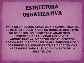 PARA SU DIRECCIÓN ACADÉMICA Y ADMINISTRATIVA,
EL INSTITUTO CUENTA CON UN CONSEJO DIRECTIVO,
  UN DIRECTOR, UN SECRETARIO ACADÉMICO, UN
       DIRECTOR DE LA UNIDAD ACADÉMICA
   ADMINISTRATIVA, DIRECTOR UNIDAD CENTROS
REGIONALES, Y TODOS LOS DEMÁS FUNCIONARIOS Y
 DEPENDENCIAS ADMINISTRATIVAS Y ACADÉMICAS
   NECESARIAS PARA EL FUNCIONAMIENTO DE LA
                 INSTITUCIÓN.
 