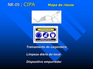 NRNR--0505 : CIPACIPA Mapa de riscosMapa de riscos
Treinamento do carpinteiroTreinamento do carpinteiro
Limpeza diária do localLimpeza diária do local
Dispositivo empurradorDispositivo empurrador
 