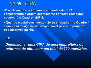 NRNR--0505 :: CIPACIPA
••O nº de membros titulares e suplentes da CIPA,O nº de membros titulares e suplentes da CIPA,
considerando a ordem decrescente de votos recebidos,considerando a ordem decrescente de votos recebidos,
observará o Quadro I /NR.5.observará o Quadro I /NR.5.
•• Quando o estabelecimento não se enquadrar no Quadro I,Quando o estabelecimento não se enquadrar no Quadro I,
a empresa designará um responsável pelo cumprimentoa empresa designará um responsável pelo cumprimento
dos objetivos da NR.dos objetivos da NR.
Ex.Ex.
Dimensionar uma CIPA de uma empreiteira deDimensionar uma CIPA de uma empreiteira de
reformas de obra com um total de 330 operários.reformas de obra com um total de 330 operários.
 