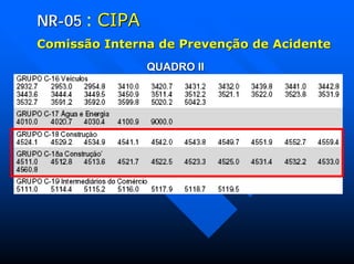 NRNR--0505 : CIPACIPA
ComissComissãão Interna de Preveno Interna de Prevençãção de Acidenteo de Acidente
QUADRO IIQUADRO II
 
