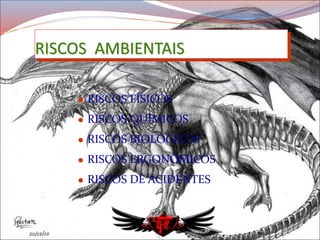 RISCOS AMBIENTAIS
 RISCOS FÍSICOS
 RISCOS QUÍMICOS
 RISCOS BIOLÓGICOS
 RISCOS ERGONÔMICOS
 RISCOS DE ACIDENTES
 