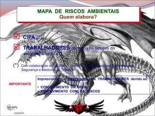 MAPA DE RISCOS AMBIENTAIS
Quem elabora?
IMPORTANTE
Imprescindível a participação dos TRABALHADORES devido ao:
• CONHECIMENTO DA ÁREA
• ENVOLVIMENTO COM OS RISCOS
 CIPA (*)
 TRABALHADORES de todos os setores do
estabelecimento (*)
(*) Com colaboração do SESMT - Serviço Especializado em Engenharia de
Segurança e Medicina do Trabalho
 