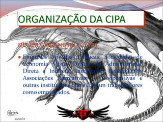 ORGANIZAÇÃO DA CIPA
DEVEM ORGANIZAR A CIPA
 Empresas Privadas, Públicas, Sociedades de
Economia Mista, Órgãos da Administração
Direta e Indireta, Instituições Beneficentes,
Associações Recreativas, Cooperativas e
outras instituições que admitam trabalhadores
como empregados.
 