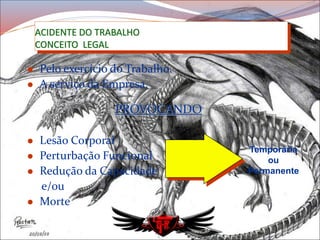 ACIDENTE DO TRABALHO
CONCEITO LEGAL
 Pelo exercício do Trabalho.
 A serviço da Empresa.
PROVOCANDO
 Lesão Corporal
 Perturbação Funcional
 Redução da Capacidade
e/ou
 Morte
Temporária
ou
Permanente
 