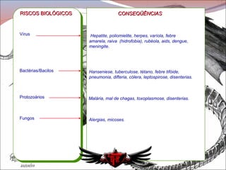Vírus Bactérias/Bacilos Protozoários Fungos RISCOS BIOLÓGICOS CONSEQÜÊNCIAS Hepatite, poliomielite, herpes, varíola, febre amarela, raiva  (hidrofobia), rubéola, aids, dengue, meningite. Hanseniese, tuberculose, tétano, febre tifóide, pneumonia, difteria, cólera, leptospirose, disenterias. Malária, mal de chagas, toxoplasmose, disenterias. Alergias, micoses. 