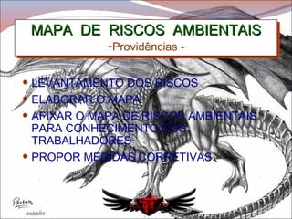 MAPA  DE  RISCOS  AMBIENTAIS - Providências - LEVANTAMENTO DOS RISCOS ELABORAR O MAPA AFIXAR O MAPA DE RISCOS AMBIENTAIS PARA CONHECIMENTO DOS TRABALHADORES PROPOR MEDIDAS CORRETIVAS 