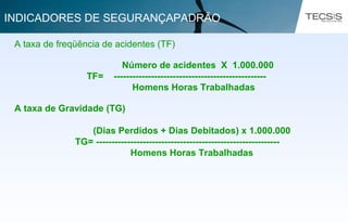 A taxa de freqüência de acidentes (TF)
Número de acidentes X 1.000.000
TF= -------------------------------------------------
Homens Horas Trabalhadas
A taxa de Gravidade (TG)
(Dias Perdidos + Dias Debitados) x 1.000.000
TG= -----------------------------------------------------------
Homens Horas Trabalhadas
INDICADORES DE SEGURANÇAPADRÃO
 