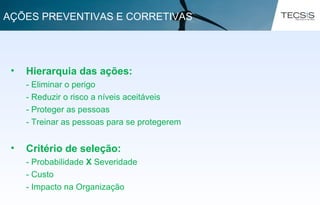 • Hierarquia das ações:
- Eliminar o perigo
- Reduzir o risco a níveis aceitáveis
- Proteger as pessoas
- Treinar as pessoas para se protegerem
• Critério de seleção:
- Probabilidade X Severidade
- Custo
- Impacto na Organização
AÇÕES PREVENTIVAS E CORRETIVAS
 