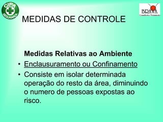 MEDIDAS DE CONTROLE
Medidas Relativas ao Ambiente
• Enclausuramento ou Confinamento
• Consiste em isolar determinada
operação do resto da área, diminuindo
o numero de pessoas expostas ao
risco.
 