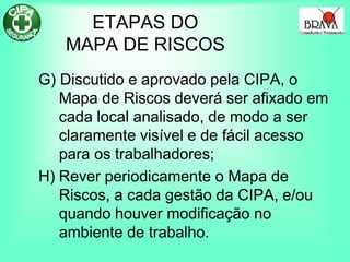 ETAPAS DO
MAPA DE RISCOS
G) Discutido e aprovado pela CIPA, o
Mapa de Riscos deverá ser afixado em
cada local analisado, de modo a ser
claramente visível e de fácil acesso
para os trabalhadores;
H) Rever periodicamente o Mapa de
Riscos, a cada gestão da CIPA, e/ou
quando houver modificação no
ambiente de trabalho.
 
