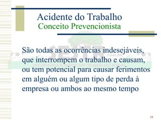 19
Acidente do Trabalho
Conceito Prevencionista
São todas as ocorrências indesejáveis,
que interrompem o trabalho e causam,
ou tem potencial para causar ferimentos
em alguém ou algum tipo de perda à
empresa ou ambos ao mesmo tempo
 