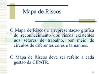 38
Mapa de Riscos
O Mapa de Riscos é a representação gráfica
do reconhecimento dos riscos existentes
nos setores de trabalho, por meio de
círculos de diferentes cores e tamanhos.
O Mapa de Riscos deve ser refeito a cada
gestão da CIPATR.
 