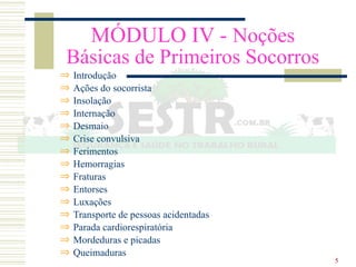 5
MÓDULO IV - Noções
Básicas de Primeiros Socorros
Þ Introdução
Þ Ações do socorrista
Þ Insolação
Þ Internação
Þ Desmaio
Þ Crise convulsiva
Þ Ferimentos
Þ Hemorragias
Þ Fraturas
Þ Entorses
Þ Luxações
Þ Transporte de pessoas acidentadas
Þ Parada cardiorespiratória
Þ Mordeduras e picadas
Þ Queimaduras
 