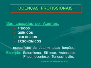 DOENÇAS PROFISSIONAIS
São causadas por Agentes:
 FÍSICOS
 QUÍMICOS
 BIOLÓGICOS
 ERGONÔMICOS
específicos de determinadas funções.
Exemplo: Saturnismo, Silicose, Asbestose,
Pneumoconiose, Tenossinovite.
(Constam da Relação do MTb)
 