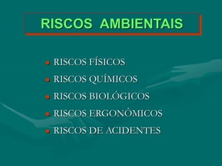RISCOS AMBIENTAIS
 RISCOS FÍSICOS
 RISCOS QUÍMICOS
 RISCOS BIOLÓGICOS
 RISCOS ERGONÔMICOS
 RISCOS DE ACIDENTES
 
