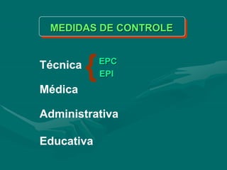 MEDIDAS DE CONTROLE
EPC
EPI
Técnica
Médica
Administrativa
Educativa
{
 