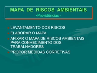 MAPA DE RISCOS AMBIENTAIS
-Providências -
 LEVANTAMENTO DOS RISCOS
 ELABORAR O MAPA
 AFIXAR O MAPA DE RISCOS AMBIENTAIS
PARA CONHECIMENTO DOS
TRABALHADORES
 PROPOR MEDIDAS CORRETIVAS
 
