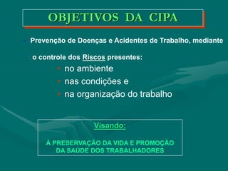 • no ambiente
• nas condições e
• na organização do trabalho
– Prevenção de Doenças e Acidentes de Trabalho, mediante
o controle dos Riscos presentes:
Visando:
À PRESERVAÇÃO DA VIDA E PROMOÇÃO
DA SAÚDE DOS TRABALHADORES.
OBJETIVOS DA CIPA
 