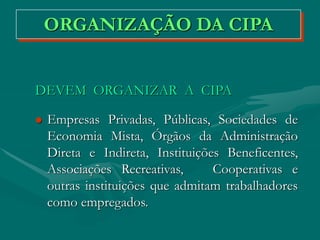 ORGANIZAÇÃO DA CIPA
DEVEM ORGANIZAR A CIPA
 Empresas Privadas, Públicas, Sociedades de
Economia Mista, Órgãos da Administração
Direta e Indireta, Instituições Beneficentes,
Associações Recreativas, Cooperativas e
outras instituições que admitam trabalhadores
como empregados.
 