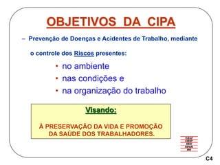 • no ambiente
• nas condições e
• na organização do trabalho
OBJETIVOS DA CIPA
– Prevenção de Doenças e Acidentes de Trabalho, mediante
o controle dos Riscos presentes:
Visando:
À PRESERVAÇÃO DA VIDA E PROMOÇÃO
DA SAÚDE DOS TRABALHADORES.
C4
 