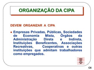 ORGANIZAÇÃO DA CIPA
DEVEM ORGANIZAR A CIPA
 Empresas Privadas, Públicas, Sociedades
de Economia Mista, Órgãos da
Administração Direta e Indireta,
Instituições Beneficentes, Associações
Recreativas, Cooperativas e outras
instituições que admitam trabalhadores
como empregados.
C6
 