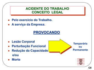 ACIDENTE DO TRABALHO
CONCEITO LEGAL
 Pelo exercício do Trabalho.
 A serviço da Empresa.
PROVOCANDO
 Lesão Corporal
 Perturbação Funcional
 Redução da Capacidade
e/ou
 Morte
Temporária
ou
Permanente
C8
 