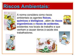 Riscos Ambientais:Riscos Ambientais:
A norma considera como riscos
ambientais os agentes físicos,
químicos e biológicos , além de riscos
ergonômicos e riscos de acidentes,
existentes nos locais de trabalho e que
venham a causar danos à saúde dos
trabalhadores.
99
 