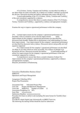 4 Vs (Volume, Variety, Variation and Visibility} are described An ability to
use ideas which are easily accessible. No evidence of a student’s attempt to go beyond
the obvious. Discussion accurate but shallow indicating some issues with the 4 Vs.
A good understanding of the 4 Vs (Volume, Variety, Variation and Visibility}
of the case considered, supported by evidences.
A comprehensive answer that shows a sound evaluation of the 4 Vs (Volume,
Variety, Variation and Visibility}, supported by evidences and appropriate examples.
Examine the ways to improve operational performance within this company
25% Limited improvements for the company’s operational performance are
described, with no evaluation of two relevant improvements Some
improvements for the company’s operational performance are described but
discussion lacks breadth. Student fails to demonstrate a real understanding of at least
three improvements. Four improvements for the company’s operational performance
are described but discussion lacks evidence. Discussion narrow and possibly not well
argued or supported
Five improvements for the company’s operational performance are described
An ability to use ideas which are easily accessible. No evidence of attempt to go
beyond the obvious. Discussion accurate but shallow. A good understanding of
atleast five improvements for the company’s operational performance of the case
considered, supported by evidences.
A comprehensive answer that shows a sound evaluation of atleast five
improvements for the company’s operational performance, supported by evidences
and appropriate examples.
Structure, presentation & Referencing
University of Bedfordshire Business School
SHR039-6
Operations and Project Management
Assignment 2 Briefing (50%)
Project Plan Presentation
Assessment Title Individual Project Plan
Unit Title Project and Operations Management
Unit Code SHR039-6 Number of Credits 15
Assessment Weighting (%) 50%
Issue Date xxxxxxxxxxxx
Submission Deadline xxxxxxxxxxxxxxxxx
Procedure for/where to submit work (including file name format for TurnItIn where
applicable)
You MUST submit digital copy electronically on BREO Turn-it-in.
The following file naming format should be used for submission:
 