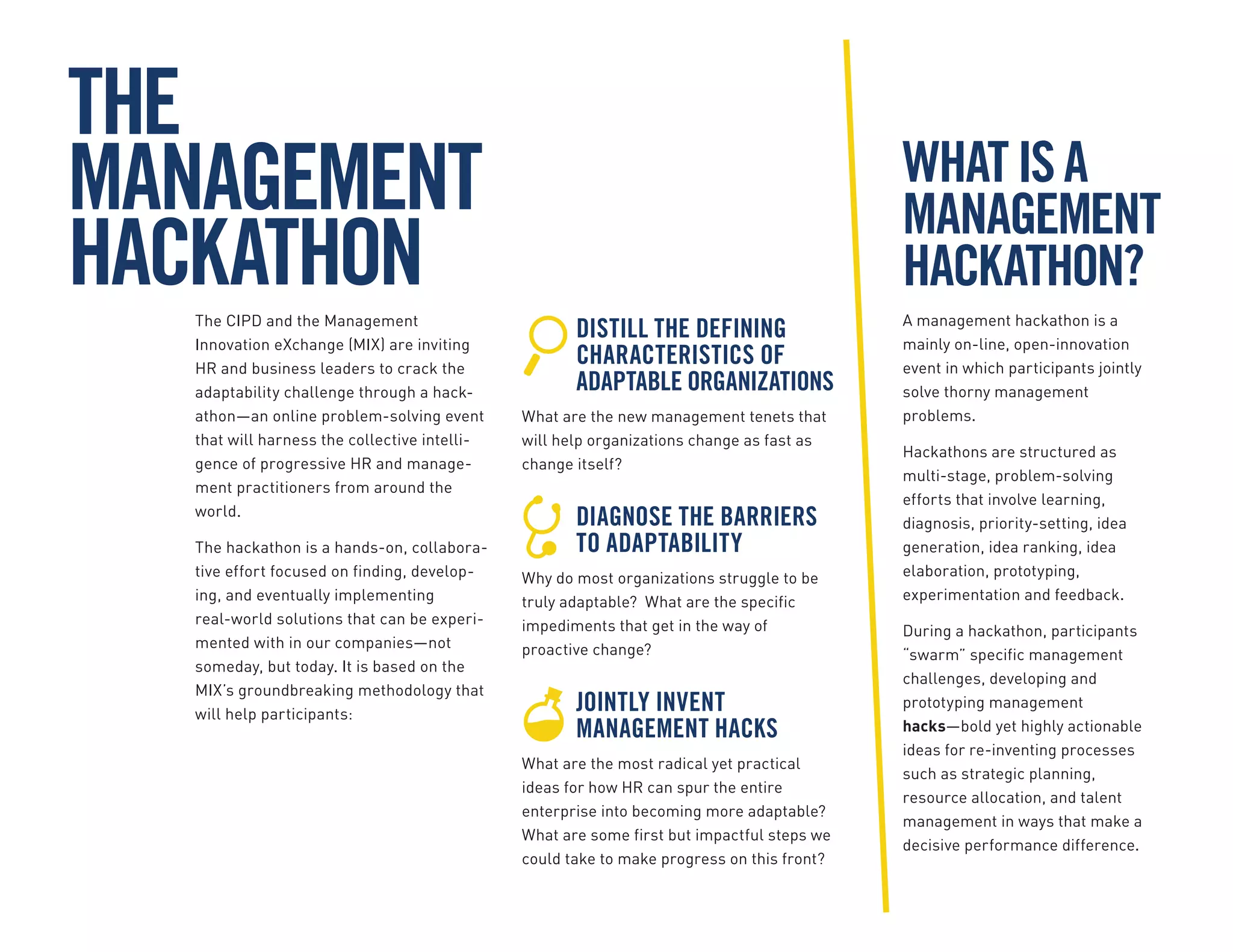 DISTILL THE DEFINING
CHARACTERISTICS OF
ADAPTABLE ORGANIZATIONS
What are the new management tenets that
will help organizations change as fast as
change itself?
DIAGNOSE THE BARRIERS
TO ADAPTABILITY
Why do most organizations struggle to be
truly adaptable? What are the specific
impediments that get in the way of
proactive change?
JOINTLY INVENT
MANAGEMENT HACKS
What are the most radical yet practical
ideas for how HR can spur the entire
enterprise into becoming more adaptable?
What are some first but impactful steps we
could take to make progress on this front?
THE
MANAGEMENT
HACKATHONThe CIPD and the Management
Innovation eXchange (MIX) are inviting
HR and business leaders to crack the
adaptability challenge through a hack-
athon—an online problem-solving event
that will harness the collective intelli-
gence of progressive HR and manage-
ment practitioners from around the
world.
The hackathon is a hands-on, collabora-
tive effort focused on finding, develop-
ing, and eventually implementing
real-world solutions that can be experi-
mented with in our companies—not
someday, but today. It is based on the
MIX’s groundbreaking methodology that
will help participants:
WHATISA
MANAGEMENT
HACKATHON?
A management hackathon is a
mainly on-line, open-innovation
event in which participants jointly
solve thorny management
problems.
Hackathons are structured as
multi-stage, problem-solving
efforts that involve learning,
diagnosis, priority-setting, idea
generation, idea ranking, idea
elaboration, prototyping,
experimentation and feedback.
During a hackathon, participants
“swarm” specific management
challenges, developing and
prototyping management
hacks—bold yet highly actionable
ideas for re-inventing processes
such as strategic planning,
resource allocation, and talent
management in ways that make a
decisive performance difference.
 