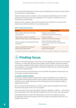 Getting started with people analytics: a practitioners’ guide
9
For not-for-profit organisations, revenue may be substituted by a measure of cost saving,
service delivery or cost-efficiency.
Outside of these common indicators, metrics should be selected based on the critical
questions that matter to your own organisation. This context is a vital driver, so it is
impossible to be prescriptive.
However, Table 1 suggests metrics that should be at the forefront of our minds when
answering an arbitrary selection of value-add questions.
Table 1: Example indicators/metrics
Question Suggested metrics
Why are there high levels of manager
dissatisfaction?
• Manager span of control
• Leadership programme attendance
Why is there a variance in customer
satifaction levels across similar departments?
• Tenure in staff role
• Number of product training days
Wiil we struggle to retain high-performing
employees?
• Pay benchmarked against market
• 
Time since last promotion or development
opportunity
What is the likelihood of attracting
appropriately skilled talent?
• Complexity of commute
• Agile working options
For illustrative purposes only, suggested metrics are indicative only and do not represent an exhaustive list
4 	
Finding focus
There is an increasing demand, not just from our HR colleagues, but also from our business
customers, for value-add, decision-driving people insight. However, that same audience
is not entirely confident of HR’s ability to deliver this proposition. The only way to attract
that confidence is to consistently deliver meaningful insight to build a positive reputation
and become trusted advisers.
To start this journey, first and foremost, we must probe and examine the right areas; we
must adopt a question-based mindset.
A question-based mindset
Possessing a question-based mindset means careful consideration of the viewpoint of
the customer and providing answers to the questions that they should be asking about
workforce issues, people processes and the contribution that the workforce makes to
organisational success.
We say ‘should be asking’ because, in reality, in many cases, the audience won’t know –
they will not be aware of the ‘art of the possible’.
They may have only ever seen ‘descriptive reporting’, labelled as ‘analytics’ – and with this
lack of awareness, they’ll often default to asking for more of the same, and more quickly.
Immediately efficiency, rather than effectiveness, becomes the measure of success.
This approach will rarely bring value, and will not support an aspiration to be seen as a
strategic HR function.
Finding focus
1
2
3
4
7
5
8
6
9
10
 