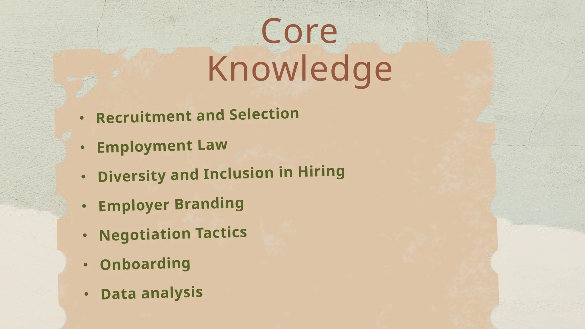 Core
Knowledge
• Recruitment and Selection
• Employment Law
• Diversity and Inclusion in Hiring
• Employer Branding
• Negotiation Tactics
• Onboarding
• Data analysis
 