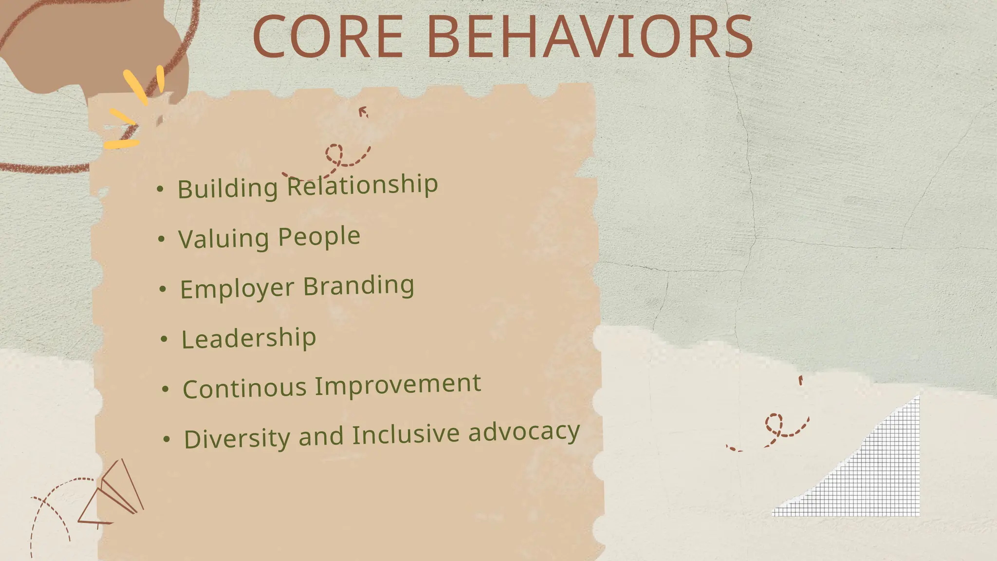 CORE BEHAVIORS
• Building Relationship
• Valuing People
• Employer Branding
• Leadership
• Continous Improvement
• Diversity and Inclusive advocacy
 