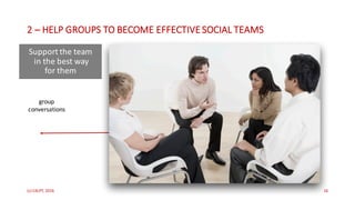 (c)	C4LPT,	2016 16
group
conversations
1-1
support
guided	social	
learning	experience/	
social challenge
2 – HELP	GROUPS	TO	BECOME	EFFECTIVE	SOCIAL	TEAMS
embed	yourself	
in	the	work	of
the	group	
Support	the	team
in	the	best	way	
for	them
 