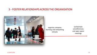 (c)	C4LPT,	2016 24
coordinate
regular	informal	
learning	events
(lunch	n	learns)
organise cpmpany
networking	events
orchestrate
unconferences
and	open	space	
meetings
organise company
learning	and	networking	
retreats
3	- FOSTER	RELATIONSHIPS	ACROSS	THE	ORGANISATION	
 