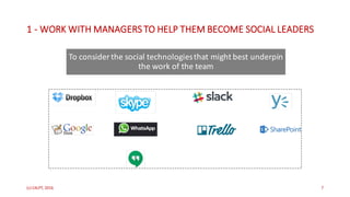 1 - WORK	WITH	MANAGERS	TO	HELP	THEM	BECOME	SOCIAL	LEADERS
To	consider	the	social	technologies	that	might	best	underpin	
the	work	of	the	team
(c)	C4LPT,	2016 7
 