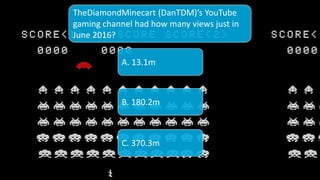 TheDiamondMinecart (DanTDM)’s YouTube
gaming channel had how many views just in
June 2016?
A. 13.1m
B. 180.2m
C. 370.3m
 