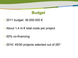 2011 budget: 36.000.000 €  About 1,4 m € total costs per project 50% co-financing 2010: 45/50 projects selected out of 287 Budget 