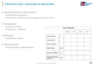 39
Calculs des coûts : coût projet et coût produit
• Comment calculer le coût du projet ?
 valoriser les temps passés
 valoriser les matériaux pour le prototype et pour le 1er série
• Temps passés :
 études = 50 €/min
 production = 100 €/min
• Matériaux :
 3250 euros / produit
• Calcul des coûts :
 coût du projet, et coût du produit
CALCUL DES COUTS
=a+c
Coût du 1ER de Série
à J0
b
Coût des Etudes
Coût du Produit série
(estimation)
Coût du Projet
Coût de Production
Coût des Matières
=a+%c
=2a+b+c
c
2a
à J3
à J2
à J1
Tout droit réservé - CIPE 2015 - www.CIPE.fr
 