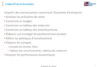 Tout droit réservé - CIPE - www.CIPE.fr
2
L'objectif de la formation
Acquérir des connaissances concernant l'économie d'entreprise :
• Analyser les prévisions de vente
• Construire un budget
• Construire un tableau des emprunts
• Construire un tableau des amortissements
• Élaborer une stratégie de positionnement produit
• Définir les politiques d'investissement
• Élaborer les comptes
–Compte de résultat, Bilan
–Tableau des amortissements, tableau des emprunts
• Analyser les performances économiques
 