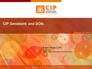 CIP Genebank and DOIs
February 8, 2018
C I P - L I M A , L A M O L I N A , P E R U
Edwin Rojas (CIP)
IT Specialist
GRIN-Global & Genebank Database Admin
 