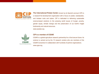 The International Potato Center (known by its Spanish acronym CIP) is
a research-for-development organization with a focus on potato, sweetpotato,
and Andean roots and tubers. CIP is dedicated to delivering sustainable
science-based solutions to the pressing world issues of hunger, poverty,
gender equity, climate change and the preservation of our Earth’s fragile
biodiversity and natural resources.
www.cipotato.org
CIP is a member of CGIAR
CGIAR is a global agriculture research partnership for a food secure future. Its
science is carried out by the 15 research centers who are members of the
CGIAR Consortium in collaboration with hundreds of partner organizations.
www.cgiar.org
 