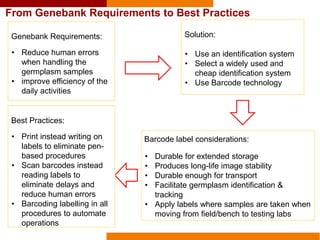 From Genebank Requirements to Best Practices
Genebank Requirements:
• Reduce human errors
when handling the
germplasm samples
• improve efficiency of the
daily activities
Solution:
• Use an identification system
• Select a widely used and
cheap identification system
• Use Barcode technology
• Durable for extended storage
• Produces long-life image stability
• Durable enough for transport
• Facilitate germplasm identification &
tracking
• Apply labels where samples are taken when
moving from field/bench to testing labs
Barcode label considerations:
Best Practices:
• Print instead writing on
labels to eliminate pen-
based procedures
• Scan barcodes instead
reading labels to
eliminate delays and
reduce human errors
• Barcoding labelling in all
procedures to automate
operations
 