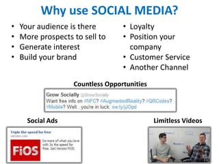 Why use SOCIAL MEDIA?
•   Your audience is there        • Loyalty
•   More prospects to sell to     • Position your
•   Generate interest               company
•   Build your brand              • Customer Service
                                  • Another Channel
                   Countless Opportunities




      Social Ads                             Limitless Videos
 