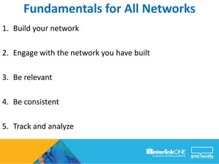 Fundamentals for All Networks
1. Build your network

2. Engage with the network you have built

3. Be relevant

4. Be consistent

5. Track and analyze
 